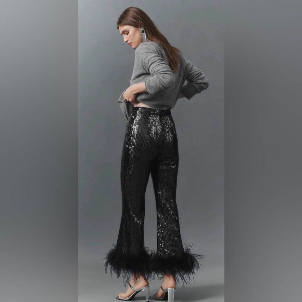 Hutch Black Sequin Feather Trim Pants